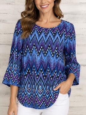 Bob Mackie Wearable Art Blouse Women's Size Medium Purple Blue, White Black Top